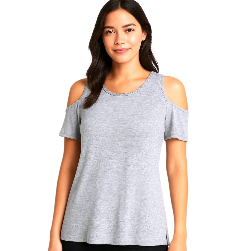 Ivanka Trump Gray Cold Shoulder Top M Beaded Neck Accent Trim Casual Feminine